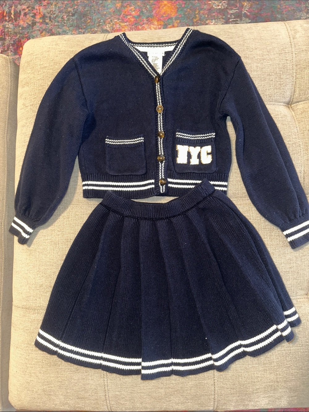 Max Studio Navy & White NYC Knit Cardigan and Pleated Skirt Set